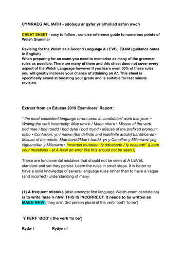 2nd Language Welsh Rules of Welsh Grammar set out in easy-to-follow point form (list not exhaustive)