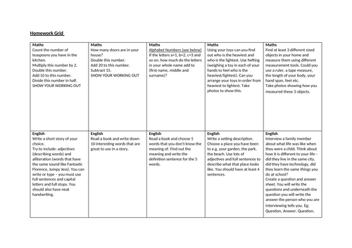 Homework Grid - Lower Primary