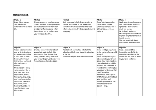 Homework Grid - Primary