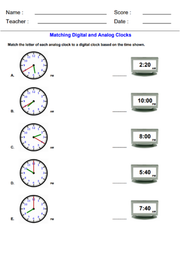 Matching Digital & Analog Clock Activity