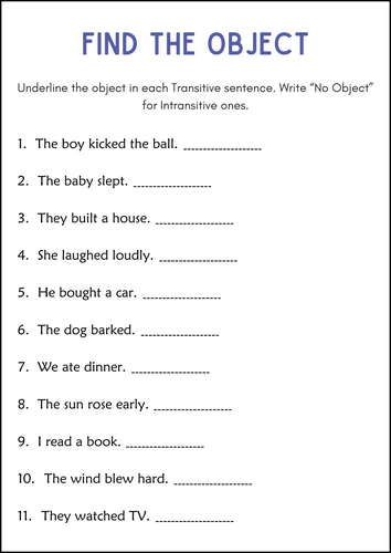 Transitive and Intransitive Verbs Grammar Worksheets for Grade 1, 2, 3