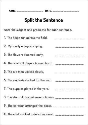 Subjects and Predicates – Sentence Structure Grammar Worksheet