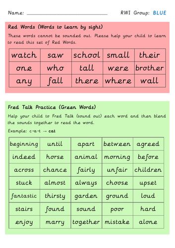 RWI Story Words Crib Sheets (Red–Grey Group) for Home Practice
