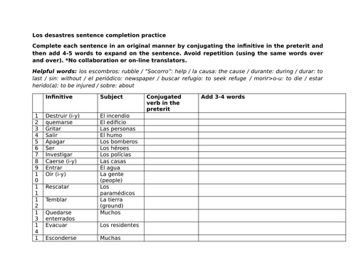 Los desastres sentence completion practice