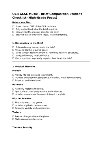 OCR GCSE Brief Composition Student Checklist