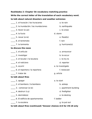 Realidades 2: Chapter 5A vocabulary matching practice