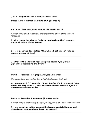 13+ Reading Practice Paper Life of Pi