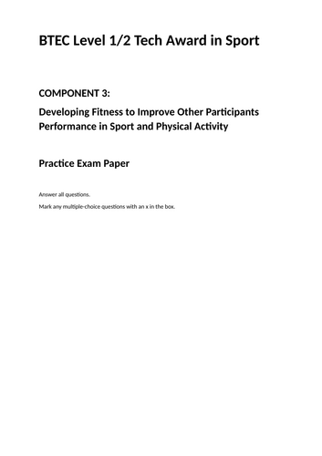 BTEC Tech Award in Sport - Component 3 Practice Exam with mark scheme