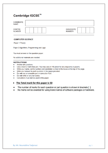 IGCSE CS TEST 2 Boolean logic with Questions and Answers (Version 1 and 2)