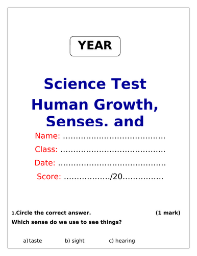 Year 1 Science Assessment Weather Senses Human Growth