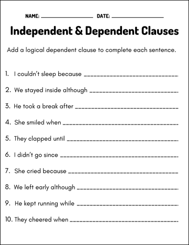 Independent and Dependent Clauses Worksheets | ELA Grammar Practice