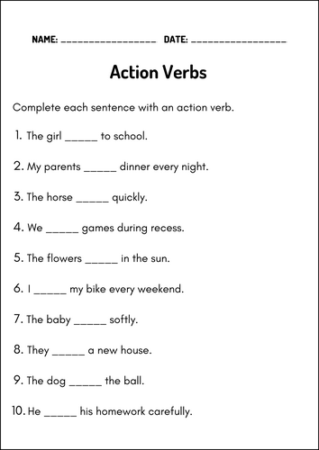 Printable Sentences Action Verbs Grammar Activity Worksheets