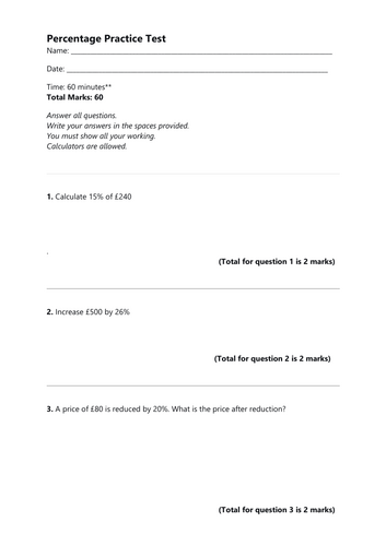 GCSE Maths Percentage Test - Complete Assessment Package