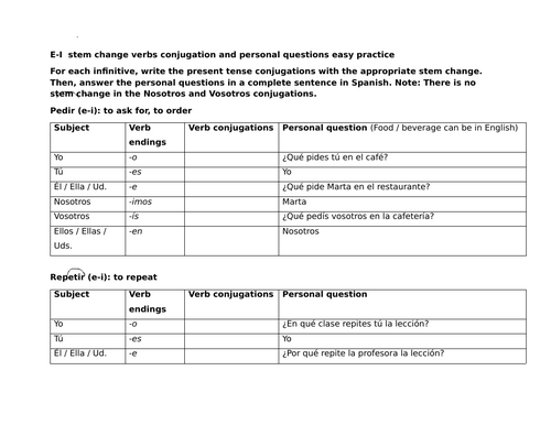 E-I stem change verbs conjugation and personal questions easy practice