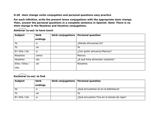 O-UE stem change verbs conjugation and personal questions easy practice