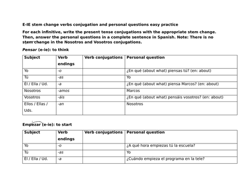 E-IE stem change verbs conjugation and personal questions easy practice