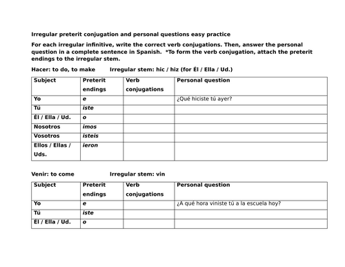 Irregular preterit conjugation and personal questions easy practice