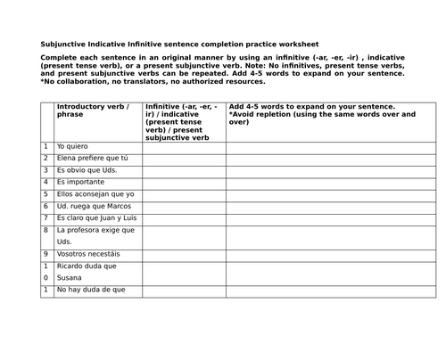 Subjunctive Indicative Infinitive sentence completion practice worksheet