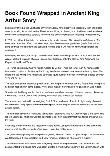 Non-Fiction Reading Comprehension Resource – “Book Found Wrapped in Ancient King Arthur Story”