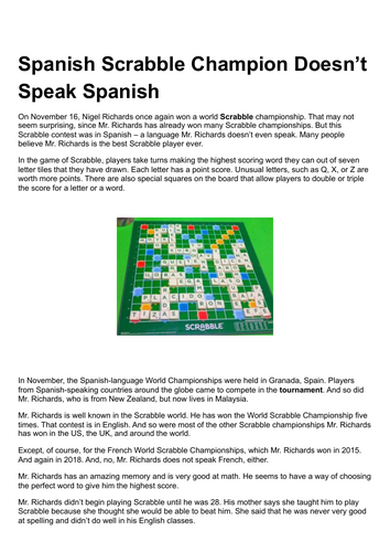 Non-Fiction Reading Comprehension Lesson Pack – “Spanish Scrabble Champion Doesn’t Speak Spanish”