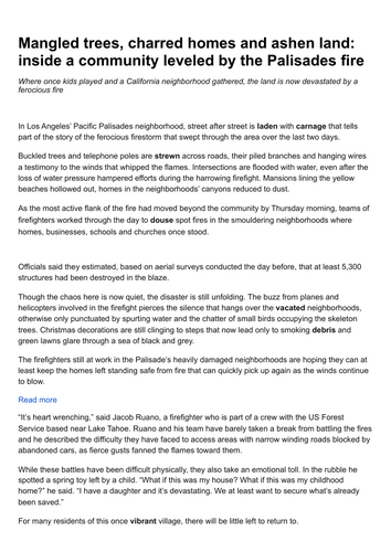 Non-Fiction Reading Comprehension Lesson Pack – Mangled Trees, Charred Homes and Ashen Land