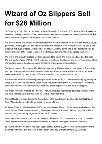 Non-Fiction Reading Comprehension – Wizard of Oz Slippers