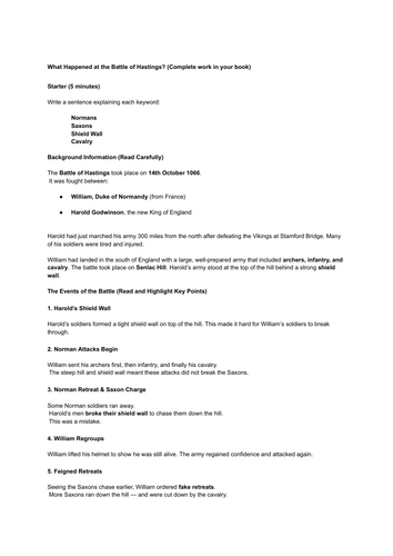 Battle of Hastings Worksheet