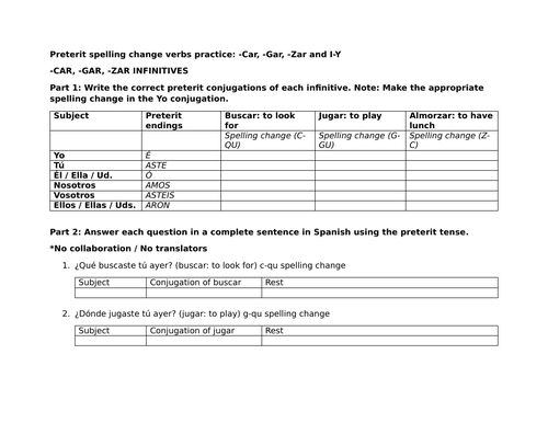 Preterit spelling change verbs practice: -Car, -Gar, -Zar and I-Y