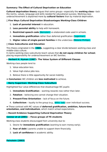 Sociology AS education and deprivation lesson and assessment resources