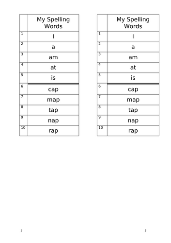 Reception sight vocabulary and CVC words spelling lists