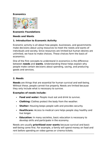Economic Foundations – Needs and Wants