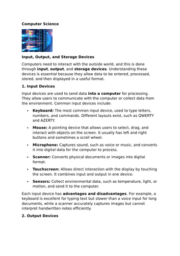 Input, Output, and Storage Devices – Study Guide – Worksheet