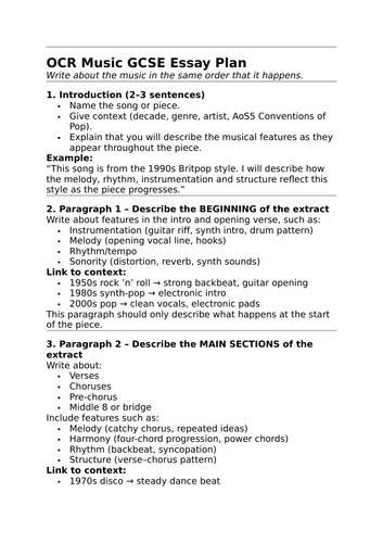 Essay guide and writing frame OCR GCSE Music 9 Mark question