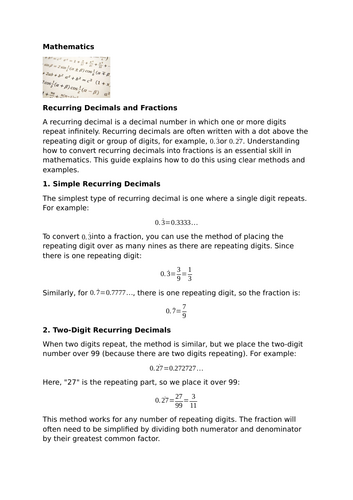 Recurring Decimals and Fractions