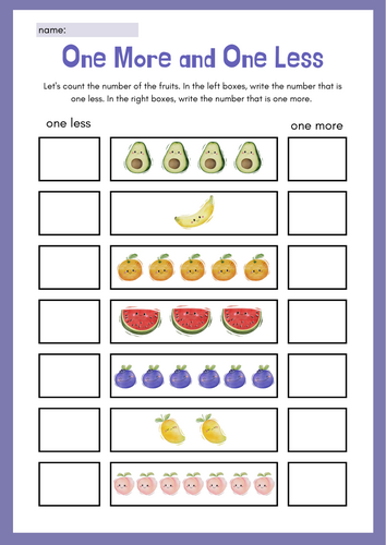 One Less, One More Math (1-20) Fruits theme Worksheet