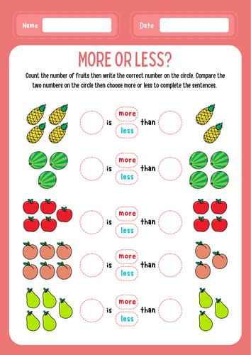 More and Less: Counting Fruits Worksheet (Numbers to 10)