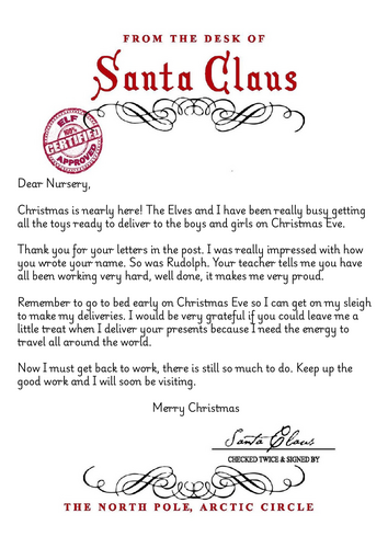 Santa letter to nursery class