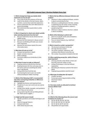 AQA English Language Paper 2 Revision Multiple Choice Quiz