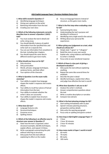 AQA English Language Paper 1 Revision Multiple Choice Quiz