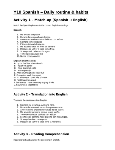 KS4 Sp  worksheet - Daily routine and habits