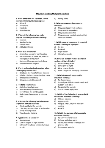 Mountain Climbing Context Multiple Choice Quiz