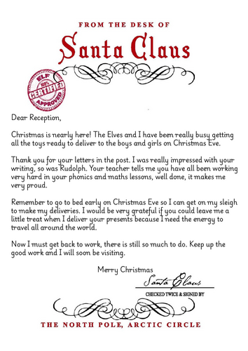 Santa letter to reception class