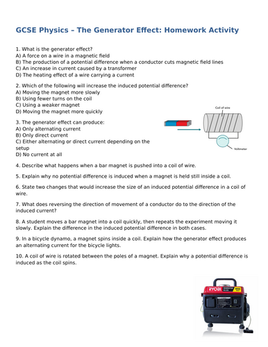 NEW (2016) AQA GCSE Physics - The Generator Effect Homework
