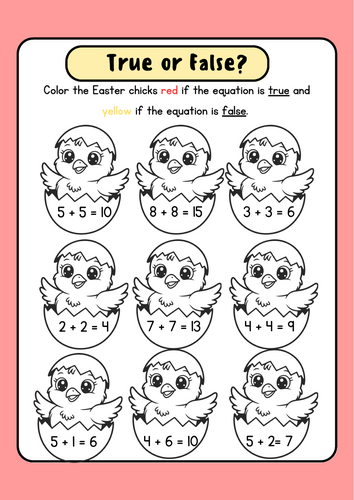 Easter Addition: True or False Coloring Activity! (Numbers to 20)