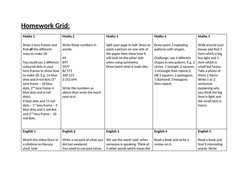 Homework Grid - Middle Primary