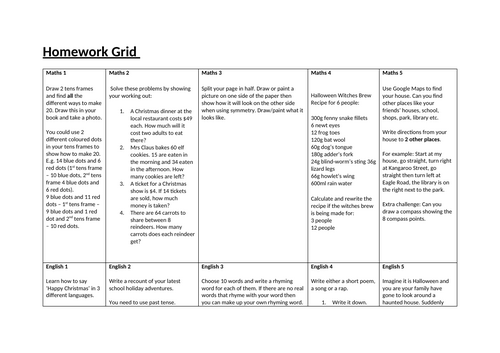 Homework Grid - Middle Primary