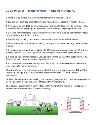 NEW (2016) AQA GCSE Physics - Transformers Homework