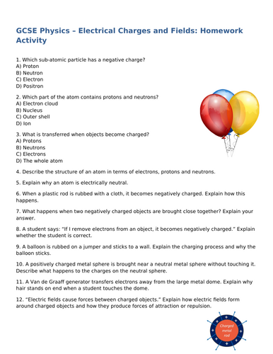 NEW (2016) AQA GCSE Physics - Electrical Charges and Fields Homework