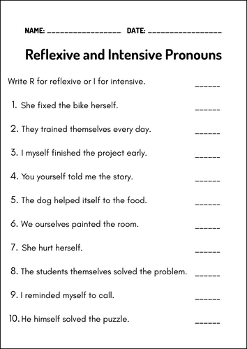 Reflexive and Intensive Pronouns Mastery Worksheets