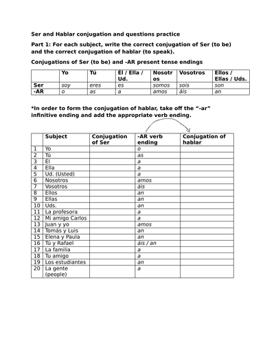 Ser and Hablar conjugation and questions practice